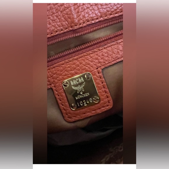 MCM Handbags Orange Leather Satchel Purse Small Tote Visetos Logo Studs Bag - Picture 8 of 10
